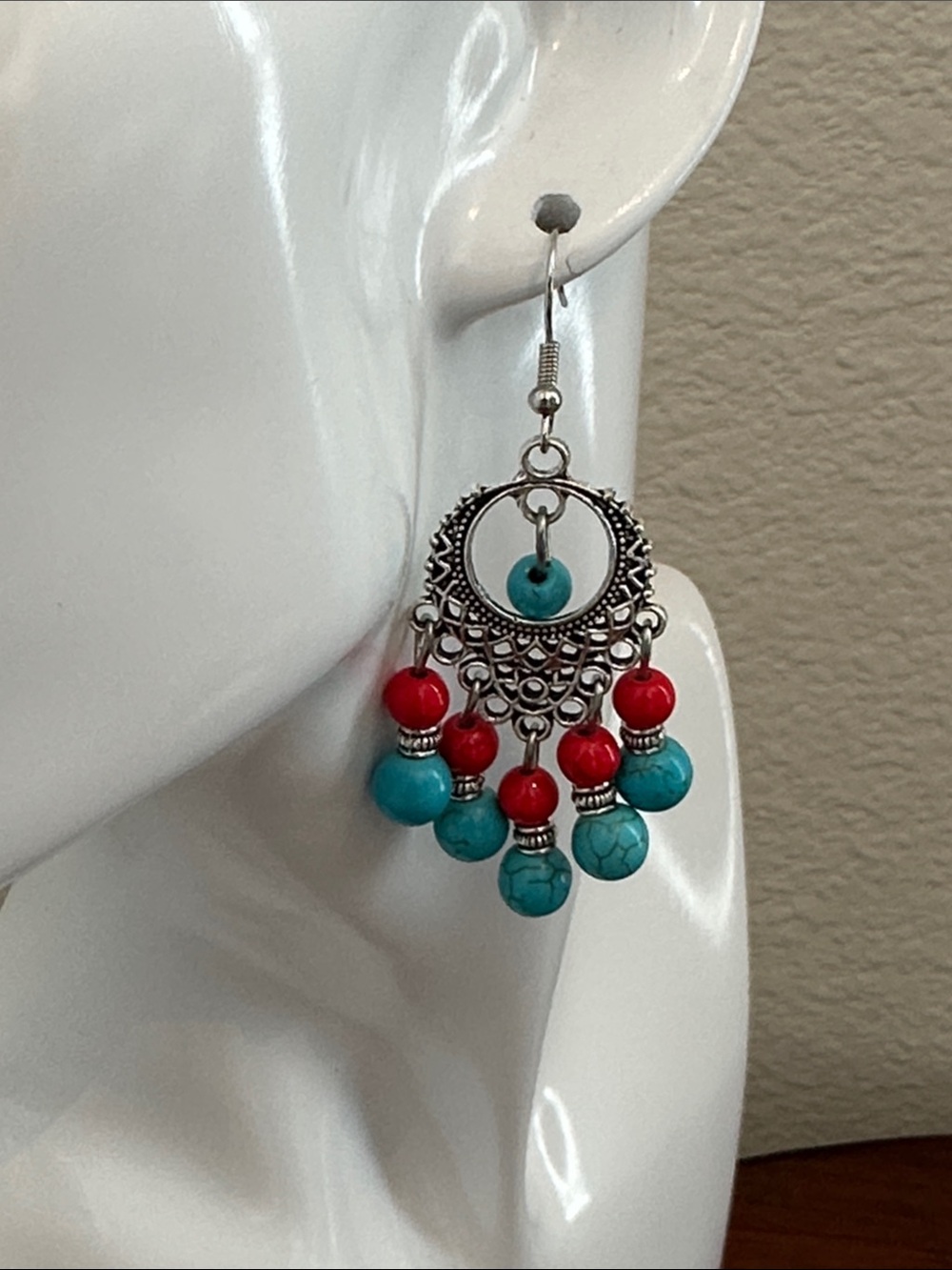 Fashion Jewelry Turquoise and Red Beaded Chandelier Earrings - Picture 2 of 8